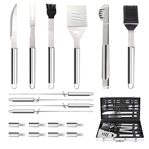 Todeco - Juego De Herramientas De Barbacoa, Juego De Herramientas Para Asar A La Parrilla - Material: Aleación De Aluminio - Material De La Caja: Aleación De Aluminio - 18 Utensilios De Acero Inoxidable, Con Estuche De Aluminio