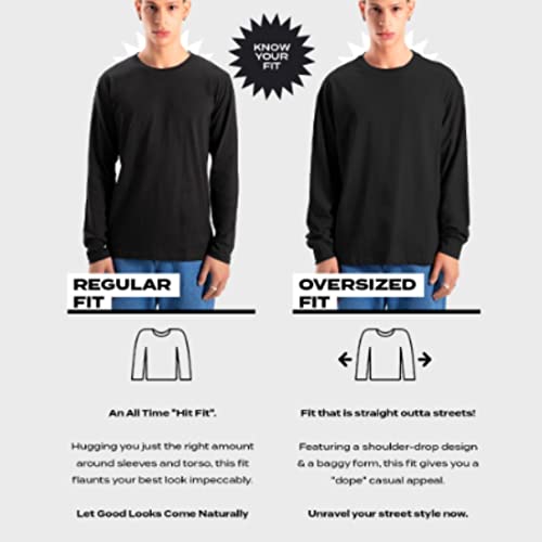 Image of Bewakoof Men's Never Mind Stripe Typography 100% Cotton T-Shirt- Oversized Fit, Round Neck, Long Sleeve