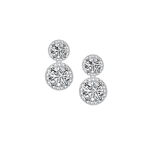 Savlano 14K White Gold Plated 6MM /10MM Round Cubic Zirconia Halo Double-Drop Stud Earrings, Comes with Gift Box for Women