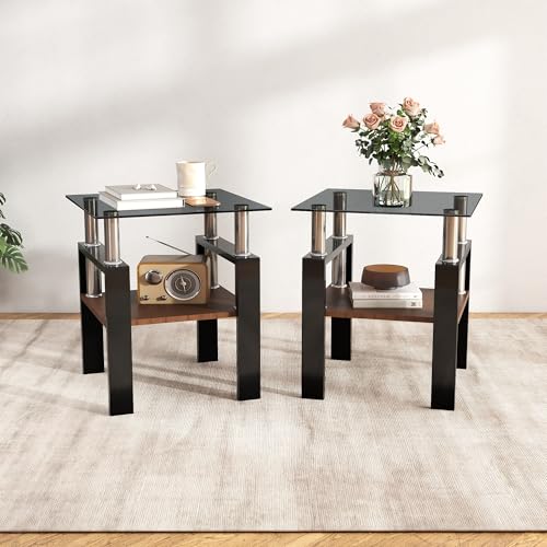 Image of Meihua Glass End Table, Square Glass Side Table, 2-Tier Modern Nightstand with Metal Legs for Living Room&Bedroom (Grey+Brown, Set of 2)