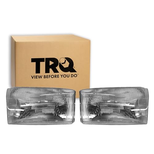 Image of TRQ 2 Piece Headlight Assembly Set Chrome Bezel Driver & Passenger Side Compatible with Ford Excursion 2000-2004 F250 F350 Super Duty 1999-2004 F450 F550 1999-2003 FO2502147 FO2503147