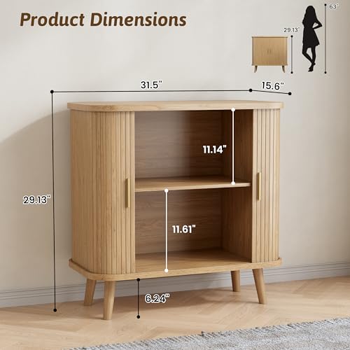 Image of BORNOON Buffet Cabinet with Storage, Curved-Edge Fluted Storage Cabinet Sideboard, Modern Black Sideboard Buffet with Adjustable Shelves & Sliding Door for Dining Room, Kitchen, Entryway (Oak)