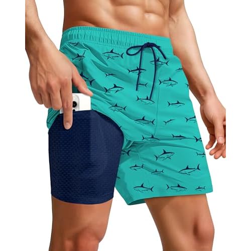 7 Inch Men Swim Trunks with Compression Breathable Liner Quick Dry Zipper Pockets for Pool Board Beach Cruise Small Aqua Navy Turtle