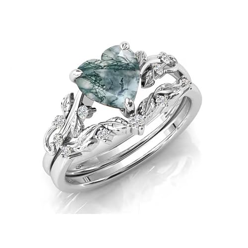 Natural Heart Moss Agate Engagement Black Ring Set for Women 925 Sterling Silver Genuine Green Moss Agate Bridal Rings Set for Her Moss Agate Promise Wedding Ring Set, balck4