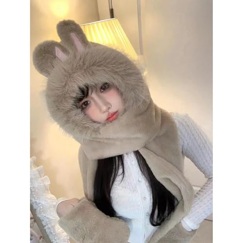 Plush Winter Warm Cartoon Bunny Ears Hat Scarf Gloves 3-in-1 Faux Fur Women Girls Hoodie Hat with Scarf Pocket Mitts3