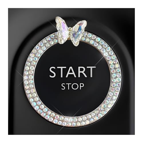 Image of DXNQ Bling Ring Emblem, Sparkling Butterfly Car Buttons and Knobs Ring, Girly Butterfly Diamond Car Engine Start Button Cover, Key Ignition Knob Rings Decoration for Women (AB, Double Row)