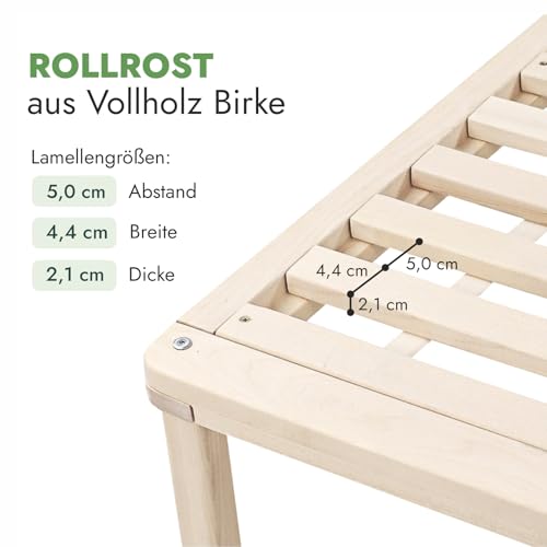 Bettgestell 120x190 cm Lisette mit Lattenrost mit Füßen – Futonbett aus Vollholz mit Rollrost – Bettrahmen 300 kg belastbar – Stabiles Holzbett – unbehandeltes FSC®-zertifiziertes Massivholz