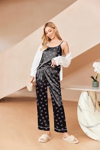 Image of Ekouaer Women Silk Satin Pajamas Sleeveless Pjs Set 2 Piece Summer Loungewear Sleepwear with Pockets S-XXL