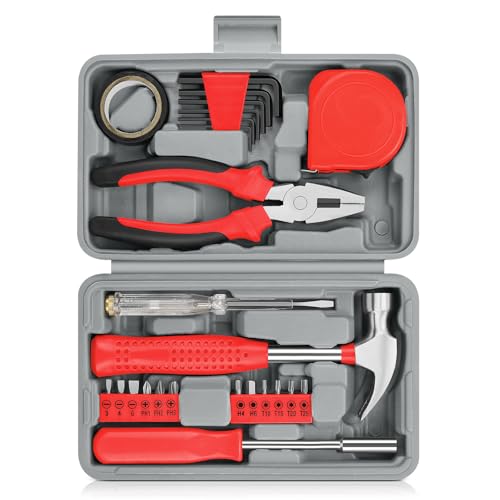 24 Piece Small Tool Kit for Men and Women, Mini Hand Tool Set with Storage Box for Home, DIY, Office, Garage(Red)