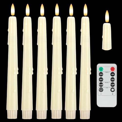 Image of Dripless Real Wax Flameless Taper Candles with Remote Timer,Battery Operated LED Candles Set with 3D Flickering Flame,9.6 inch Realistic Dripless Candlesticks for Wedding Home Decor,6 Pack Ivory
