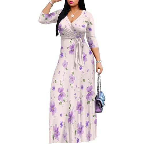 Image of PinkPatty Plus Size Maxi Dress for Women Casual V Neck 3 /4 Sleeve Boho Printed Long Dress with Pockets