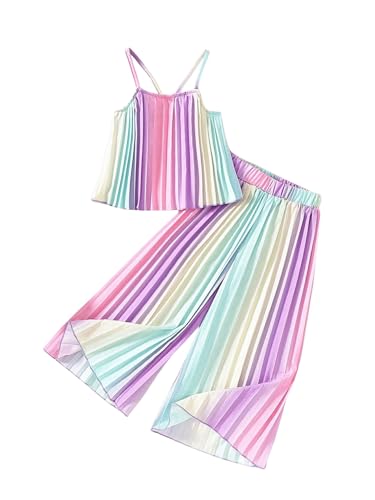 Image of RoseSeek Girl's 2 Piece Boho Cute Outfits Pleated Spaghetti Strap Camisoles Elastic Waist Wide Leg Pants Sets