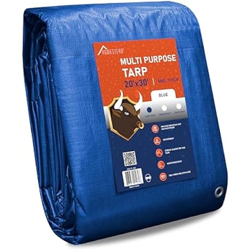 Olympia Tools Light Duty 6 Mil Tarp Cover with Metal Grommets and Reinforced Edges, Waterproof & UV Resistant Tarpaulin - Blue - 20' x 30'