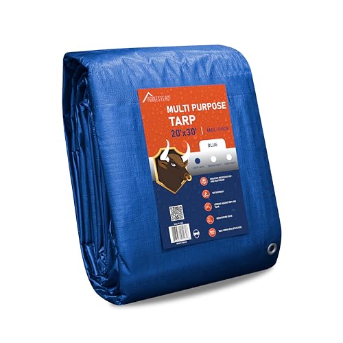 Olympia Tools Light Duty 6 Mil Tarp Cover with Metal Grommets and Reinforced Edges, Waterproof & UV Resistant Tarpaulin - Blue - 20' x 30'
