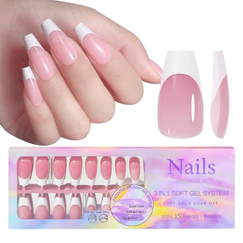 BeauFairy Francesa Puntas de Uñas Postizas, 150 Piezas Uña Falsa Artificial de Acrílico Puntas, Soft Gel Puntas de Uñas, para Extensiones de Uñas, Nail Tips Cobertura Total para Manicuras DIY, 018