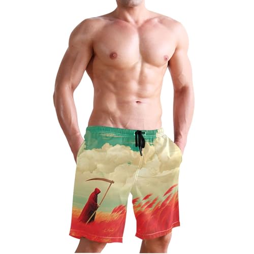 Men's Swim Trunks Grim Reaper Red Print, Quick Dry Beach Board Shorts with Lining-S3