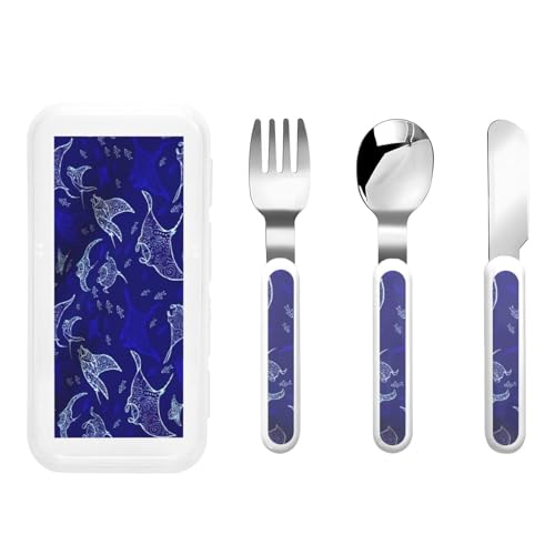 Manta Ray and Fish Print Stainless Knife Fork Spoon 3-Piece Set,Flatware Cutlery Set with Storage Case