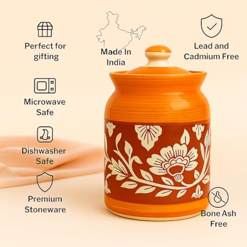 Image of D'Maiolica Ceramic Pickle Kitchen Jars in 1000ml (set of 2) | Handpainted Floral Bale 1 kg Achaar Martban Barni | Ceramic Storage Containers | Jars for Achar, Spices, Salt (Full Yellow Red Floral)