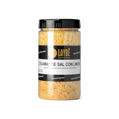 LAYBÉ - Sal en Escamas al Limón, Aroma y Sabor Gourmet, Ideal para Ensaldas, Verduras, Pescados, Marisco, Pollo - Doble Dosificador y Cierre Hermético - Bote Hostelería 400g