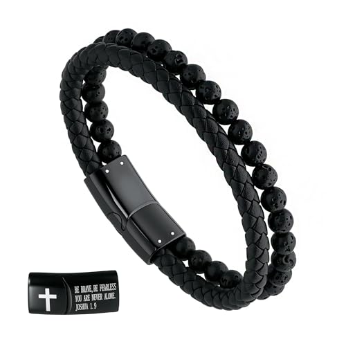 Mens Bracelet, Jewelry Gifts for Men,Black Braided Leather Stainless Steel Cross With Black Onyx Beads Double-Row Bracelets for Men,For Dad,Friends,Brother,Sons