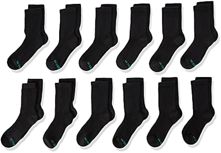 Hanes Large-Shoe Size: 3-9 Boys, Double Tough Cushioned Crew Socks, 12-Pair Packs, Black