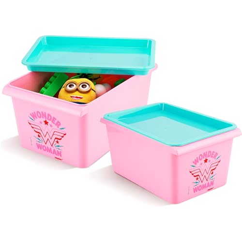 Image of Nayasa Stack N Store Wonder Women, Small, 5 ltrs | DC Superhero Print Plastic Storage Boxes Set of 2 with Lid | Side Handles | Stackable Multipurpose Organizers | Strong & Durable | Pink