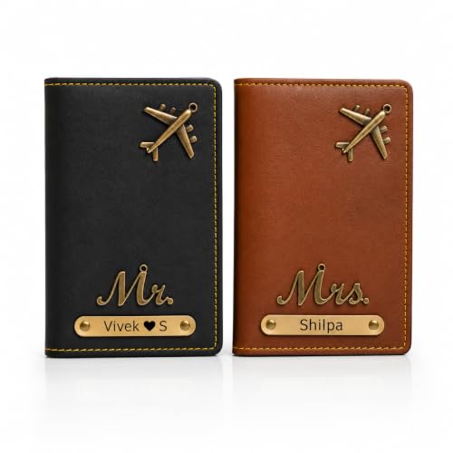 Image of Unisex-Adult Personalised Name & Charm Leather Passport Cover Gift Set for Couple - 2 Pcs | Wedding Anniversary Marriage Gift for Husband Wife, Assorted