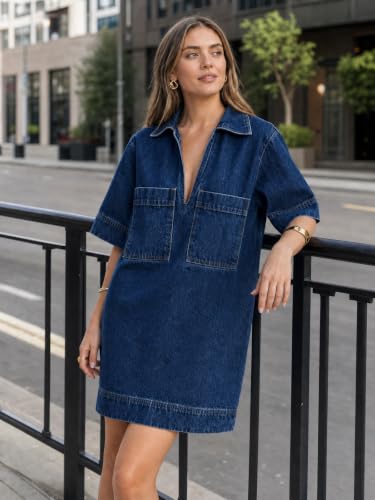 Image of Fisoew Womens Denim Shirt Dress Summer Collared V Neck Mini Casual Jean Dresses with Pockets