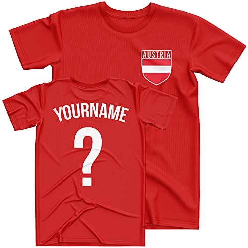 Image of Austria Football Shirt Kids - Kids Austria Flag Badge Custom Name And Number T Shirt - Football Personalised Retro Europe Summer 2021 Footy Gifts For Boy - Unique European Footie Top, 9-11 Years, Red