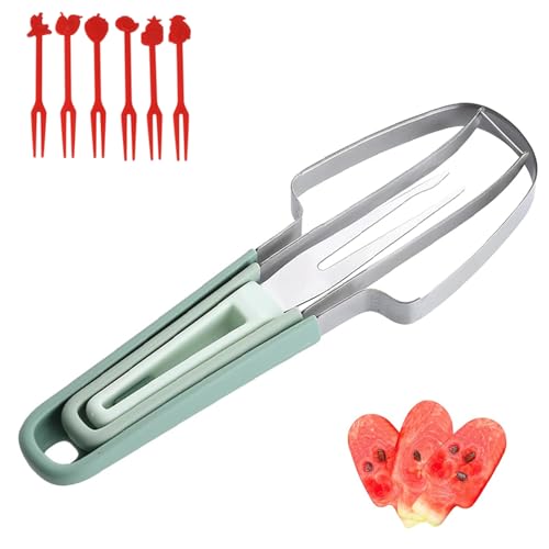 Cortador de sandía 3 en 1, Cortador de melón de acero inoxidable, Cortadora de Tenedor de Sandía con 6 Tenedores, Watermelon Fork Slicer Cutter para Cortar Melón y Frutas