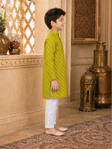 Image of superminis Cotton Boys Sanganeri Lehariya Printed Kurta Set with White Pyjama Elastic Closure