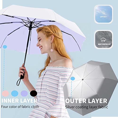 Image of SIEPASA Compact Travel Umbrella - Windproof Auto Open /Close, Small Folding Umbrella for Rain & Sun with UPF50+ - Lightweight Frame, Waterproof - Fits Backpack, Purse, Suitcase.(Silver /Light Purple)