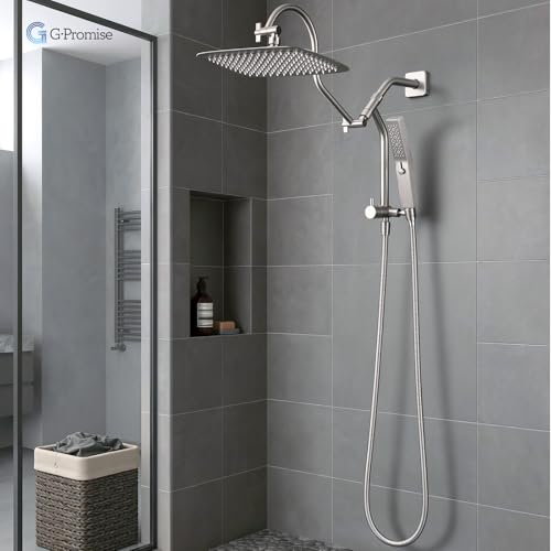 Image of G-Promise Metal Shower Diverter with Low Handheld Holder, 3-Way Diverter Valve with Pause Mode for Handheld and Fixed Shower Head, 4-Setting Universal Bathing Replacement(9 Inch, Brushed Nickel)