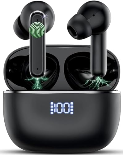 GreyZouq NEW 2025 Bluetooth 5.4 Wireless Earbuds Matt Black, ANC & ENC, 40H Playtime, HiFi Stereo, 4 Microphones, Water resistant, LED Display