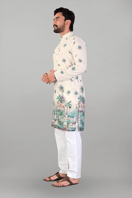 Image of Valaki Kurta Pajama Set for Men Border Printed Traditional Straight Kurta with Pyjama for Men