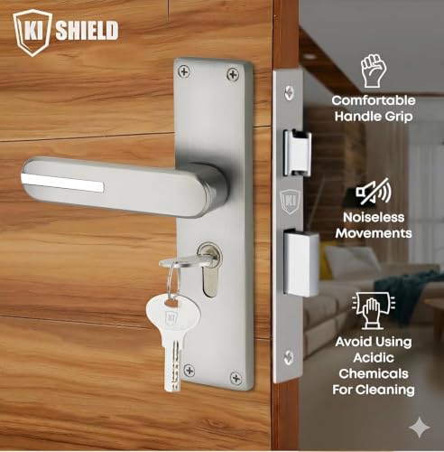 Image of Mortise Main Door Lock Handle Set |Satin Matt Finish | 8 inch Zinc lockset 1001 CY, | 6-Lever 65 mm Brass Cylindrical Lock | Suitable for Left & Right Handed Living Room Doors, Bedroom Door