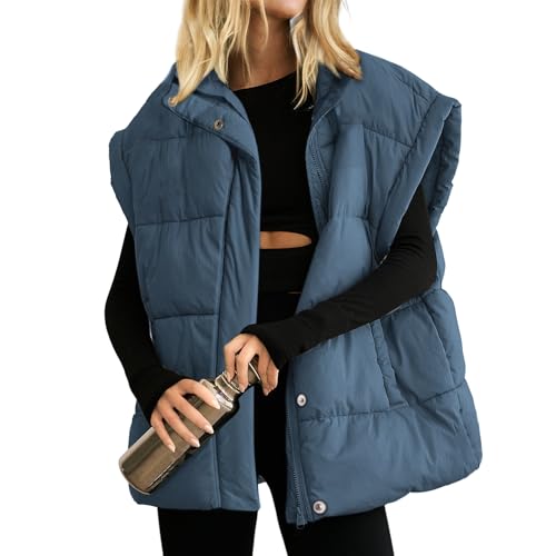 Songling Womens Oversized Puffer Vest Stand Collar Full Zip Sleeveless Bubble Puffer Vest Quilted Padded Warm Coat Outwear