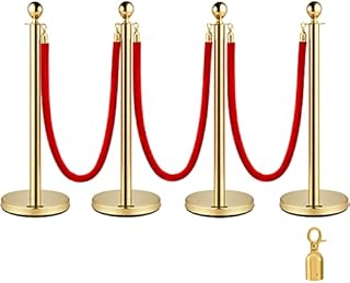 VEVOR Set of 3 Gold Round Top Queue Control Barrier Posts Stands Security Stanchion Rope Divider Stainless Steel with 1.5M Red 3 Velvet Rope 4 Pack