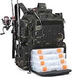 BlesMaller 50L Angelrucksack mit 4 Boxen & Rutenhaltern Angeltasche wasserabweisend Angel Rucksack für Angelausrüstung