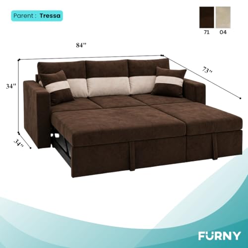 Image of FURNY Soria 4 Seater RHS Lounger Sofa Cum Bed (Dark Brown - Cream) with Pull-Out Function | Luxury Velvet Suede Finish | Durable Comfort | Ideal for Living Room