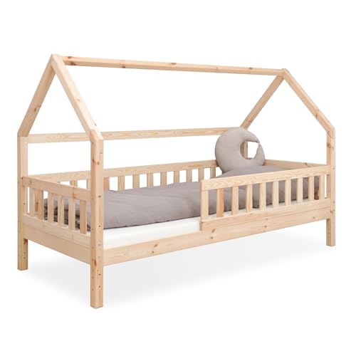 Ehrenkind® Hausbett Lille | Kinderbett mit abnehmbaren Rausfallschutz aus Massivholz FSC® zertifziert | Hausbett 90x200 | Kinderbett 90x200 Natur
