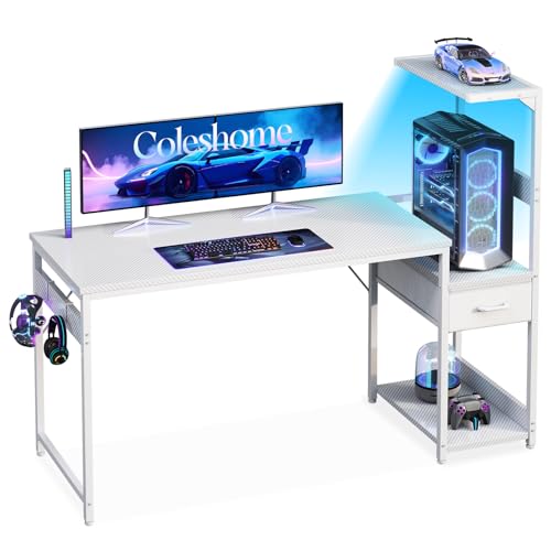 Coleshome Gaming Tisch mit LED-Beleuchtung,138×48cm Gaming Schreibtisch mit Schubladen und Regal, Umkehrbarer Computertisch mit Kopfhörerhalterung, Carbon Fiber Weiß