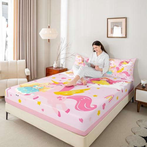 Drap-housse licorne rose lit double avec 2 taies d'oreiller pour chambre enfant - 6