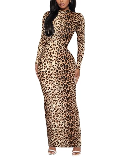 Women's Long Sleeve Bodycon Dress Maxi Mock Neck Fall Winter Casual Club Party T Shirts Tight Dresses3