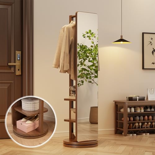 Image of WoodsWhisper Full Length Mirror Coat Rack Solid Wood Floor Mirror 66 inchx12 inch Full Length Mirror with Stand Long Mirrors for Bedroom,Living Room (Deep Walnut, 66 inch Lx12 W)