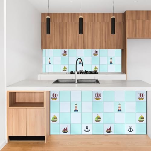Image of SARVATRAY Self-Adhesive Wallpaper, Oil Proof Heat Resistant Kitchen Stickers, Vinyl Sheet for Wall 2 X 6.5 SQ FT (2 M Ship Theme Blue WS)