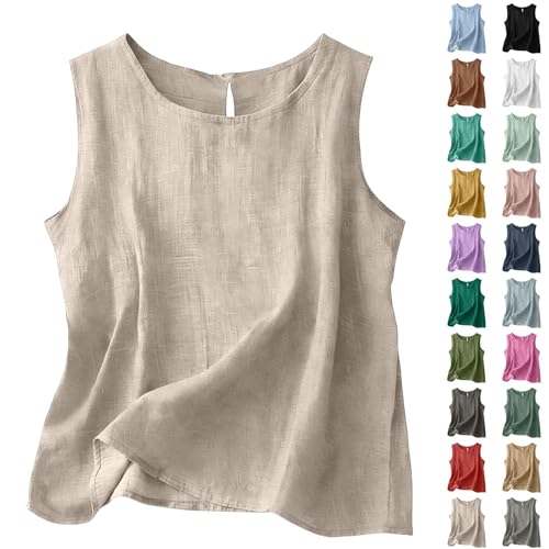 Caraco Femme Débardeur Femme Coton Lin Col Rond sans Manches Top Été Chic Basique Uni Fluide Haut Chemisier Plage Tunique Femmes Grande Taille Débardeurs...