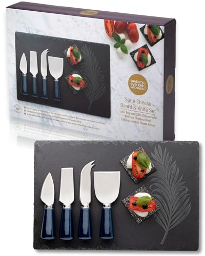 4 Piece Cheese Knife Set & Slate Board - Stylish Cheese Knives Gift Set With Slate Board. Blue Coloured Ceramic Handles & Classic Polished Stainless Steel Blades. 10 Year Guarantee.