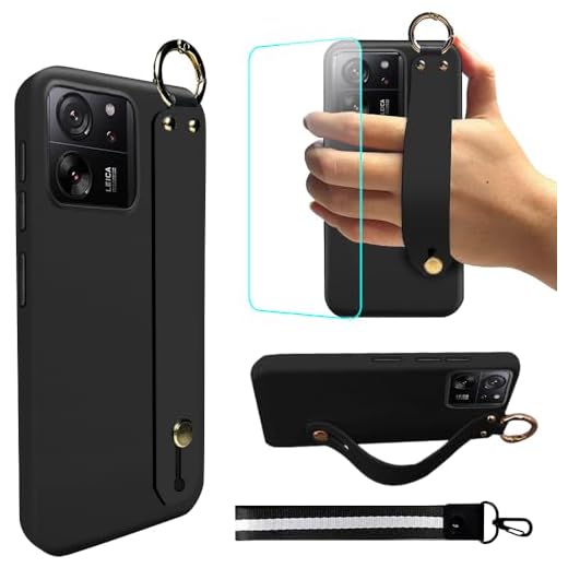 Capa para celular Xiaomi 13T / 13T Pro 5G, pulseira com suporte de mão com protetor de tela de vidro temperado silicone TPU pulseira suporte capa de telefone para Xiaomi 13T / 13T Pro 5G 2023 - preta