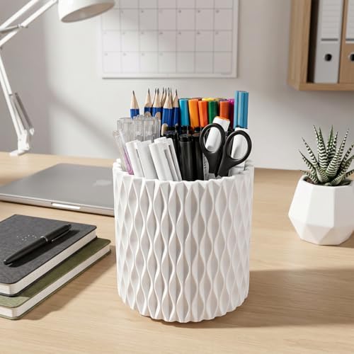 Image of Lebenrich Rotating Pen Holder for Desk, 5 Slots Easthetic Pencil holder Desk Organizer Supplies and Accessories for Women Girls, Pencil Cup for Office Home Art Supply, White